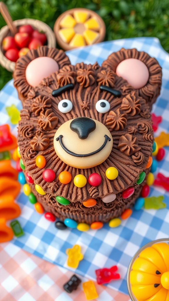 A teddy bear-themed picnic cake decorated with chocolate frosting and candies, surrounded by a cheerful picnic setup.